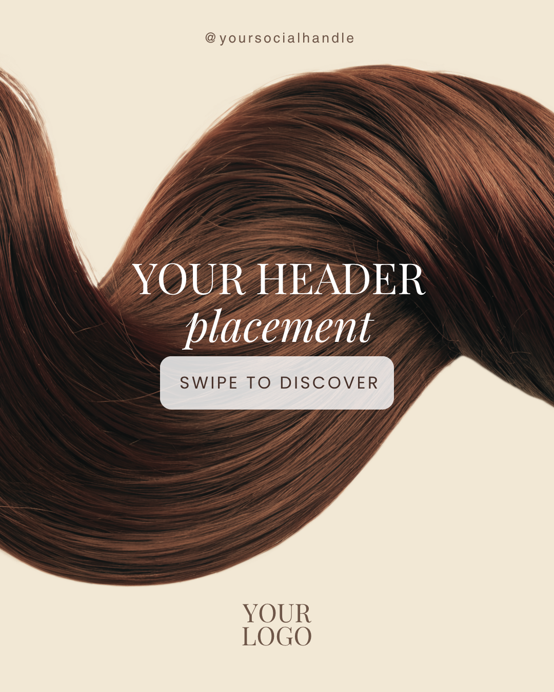 Elegant editable instagram posts. Brown hair wave graphic on light pink background. White swipe to discover button. Header white letters.