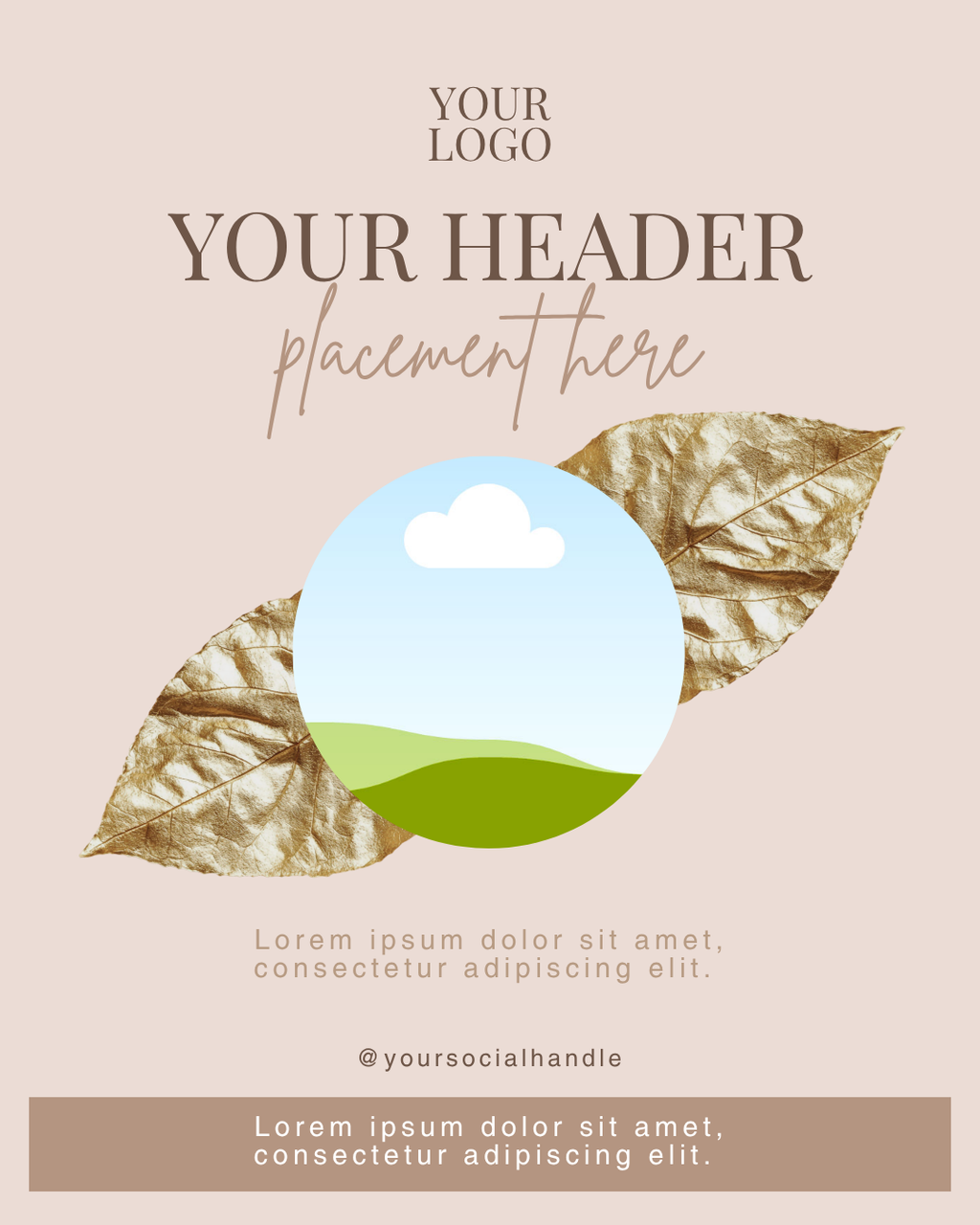 Elegant editable Instagram posts. Round image frame on 2 brown leaves. Light pink background. Earth brown footer with light text. Dark heading fonts. Ideal for coaches and lifestyle brands.