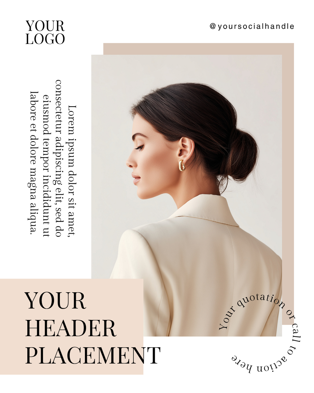 Editable Instagram post template – woman in white blazer with brown bun on white background, pink header overlay box.