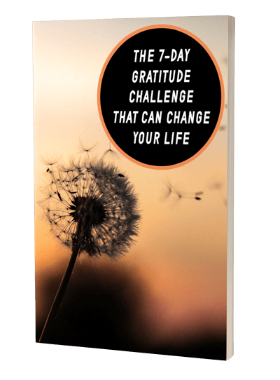 7-Day Gratitude Challenge MRR ebook. Cover orange white. Dandelion with seeds. Black circle with white letters. 