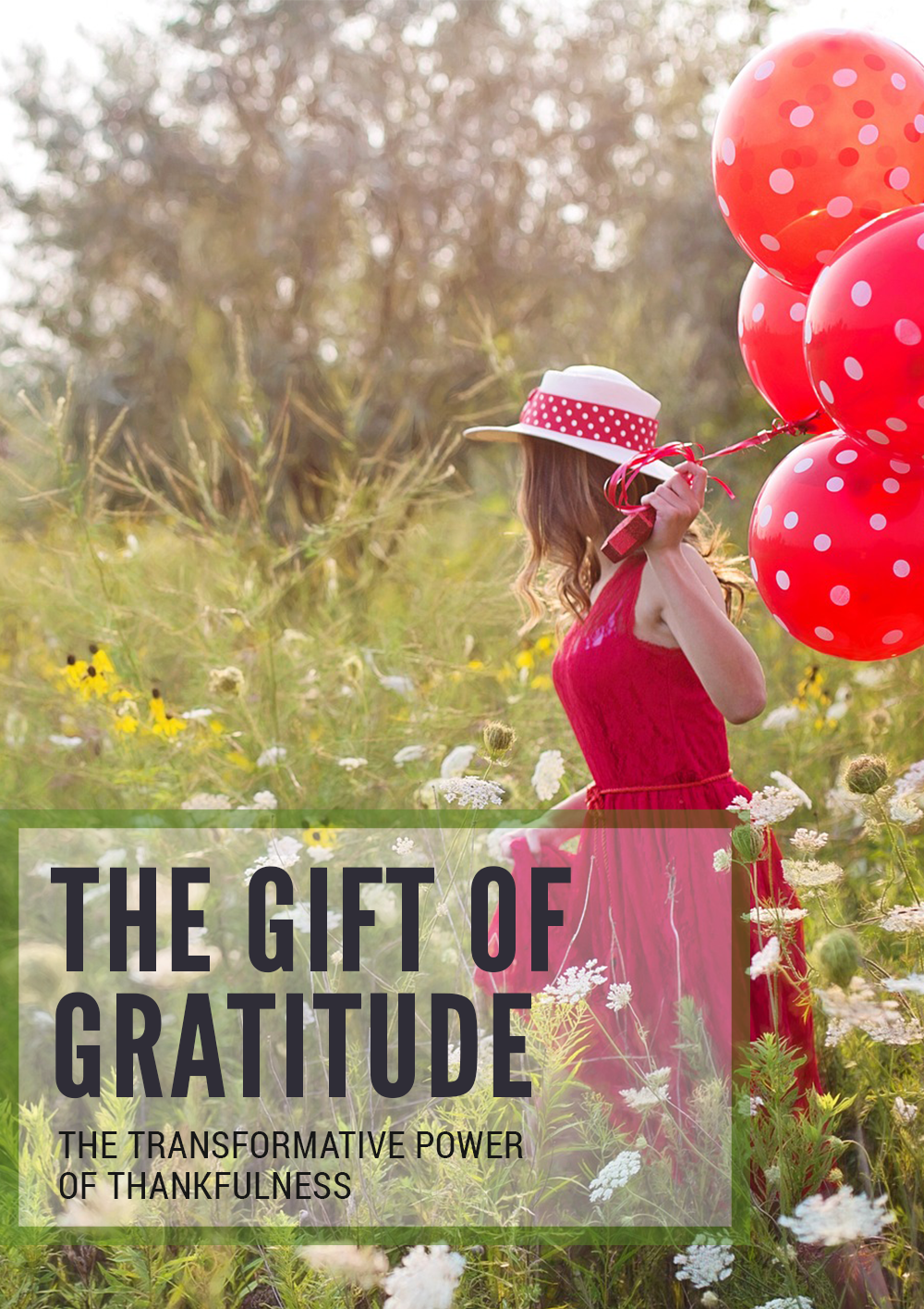 Gift Of Gratitude MRR ebook. Cover white yellow flowers, woman, hat, red dress, holds red balloons. Hair beyond shoulders. 