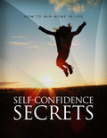 Self-Confidence Secrets MRR ebook. Cover person jumps, arms upward, blue sky, low bright yellow sun, dark earth.  