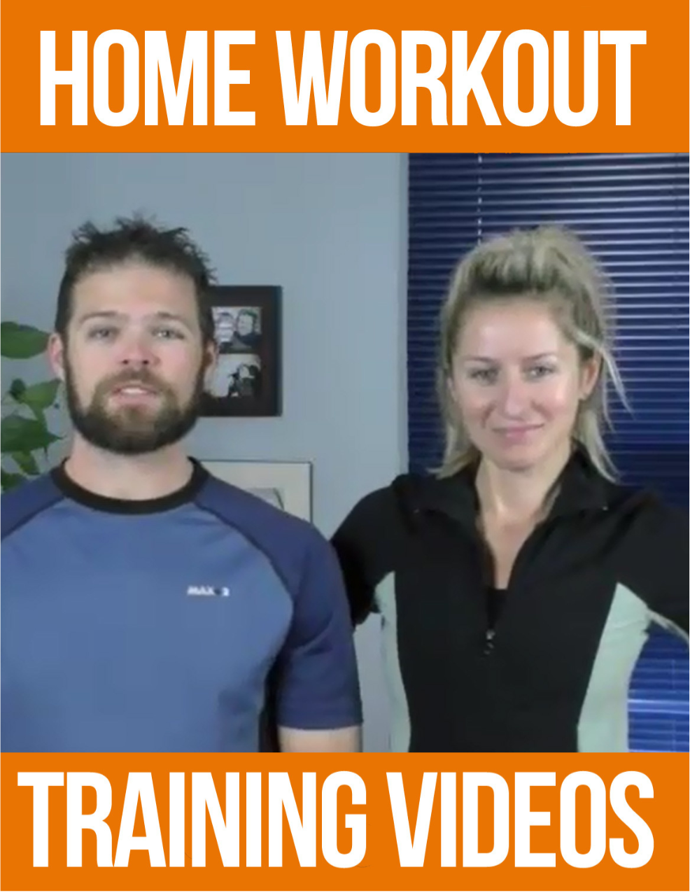 Home workout training videos with on cover Marta and Brock Picken. MRR. Orange top and bottom with white letters.