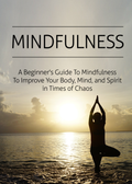 Beginner’s Guide Mindfulness MRR ebook. Cover woman in tree pose, hands up against each other, before sea with low sun.  