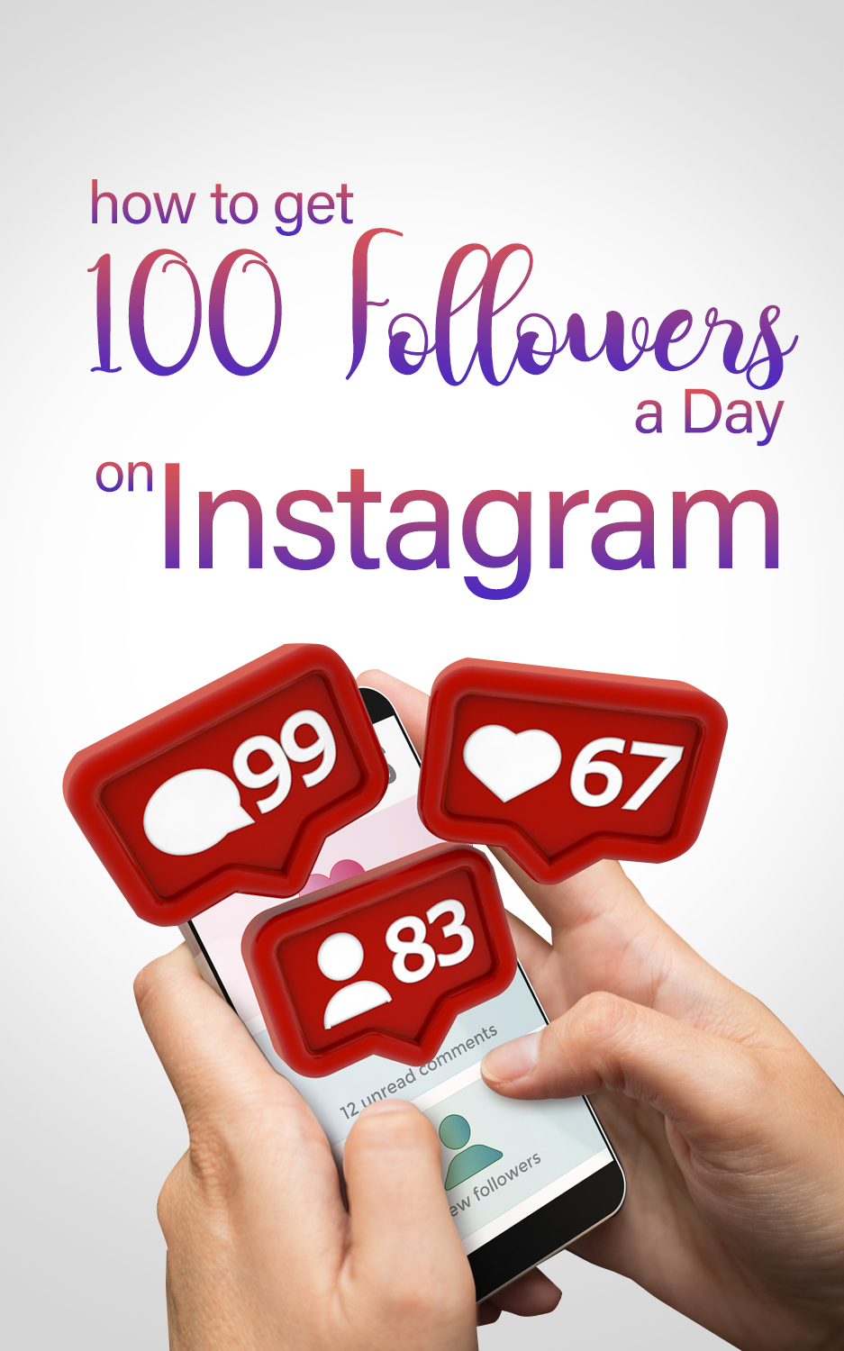 Get Followers On Instagram MRR white ebook. Hands hold cellphone. Red images with followers, hearts, comments. Pink title.  